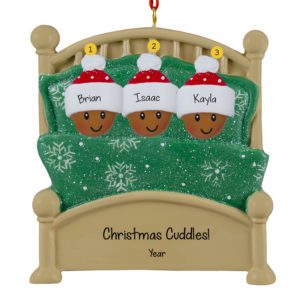 Image of Personalized AFRICAN AMERICAN Family Of 3 In Green Glittered Bed Ornament