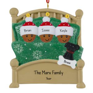 Image of Personalized AFRICAN AMERICAN Family Of 3 And Pet In Green Glittered Bed Ornament