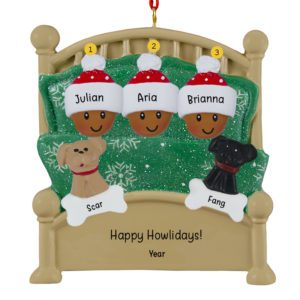 AFRICAN AMERICAN Family Of 3 And 2 Pets In Green Glittered Bed Ornament