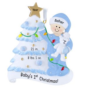Baby BOY's 1st Christmas Glittered Tree With Birth Stats Ornament BLUE