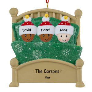 Image of Personalized Interracial Family Of 3 In Green Glittered Bed Ornament
