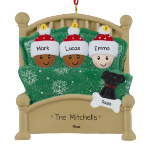 Image of Interracial Family Of 3 And Pet In Green Glittered Bed Ornament