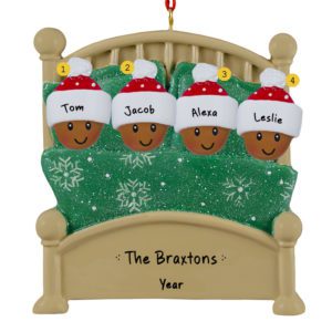 Personalized AFRICAN AMERICAN Family Of 4 In Green Glittered Bed Ornament