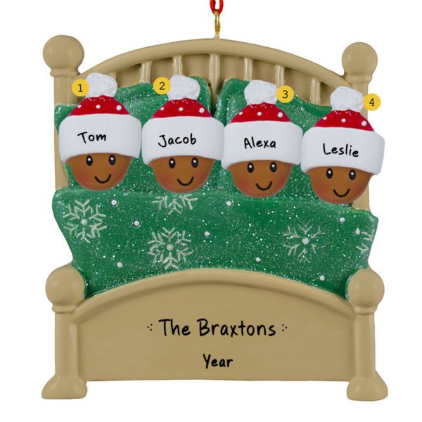 Personalized AFRICAN AMERICAN Family Of 4 In Green Glittered Bed Ornament