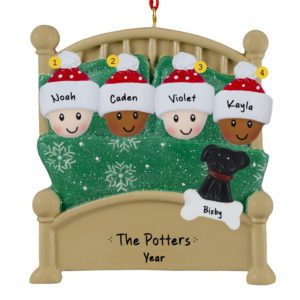 Interracial Family Of 4 With Pet In Green Glittered Bed Ornament