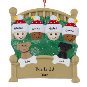 Interracial Family Of 4 And 2 Pets In Green Glittered Bed Ornament
