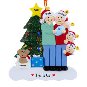 Family Of 5 With Baby BOY With Pet Glittered Tree Ornament