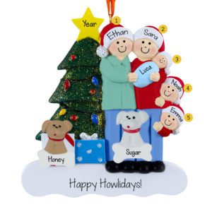 Image of Family Of 5 With Baby BOY And 2 Pets Glittered Tree Ornament