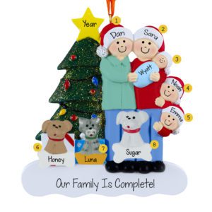 Family Of 5 With Baby BOY And 3 Pets Glittered Tree Ornament