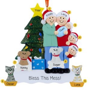 Family Of 5 With Baby BOY And 4 Pets Glittered Tree Ornament