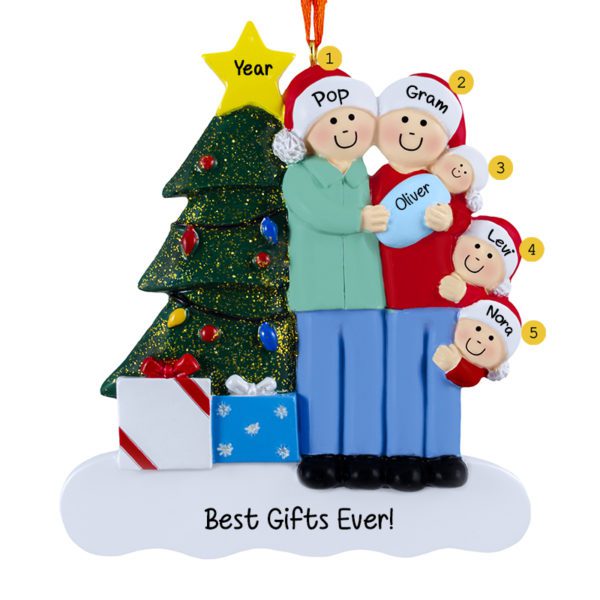 Image of Grandparents With 3 Grandkids Including Baby BOY Glittered Tree Ornament