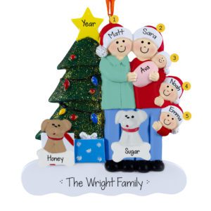 Family Of 5 With Baby GIRL And 2 Pets Glittered Tree Ornament