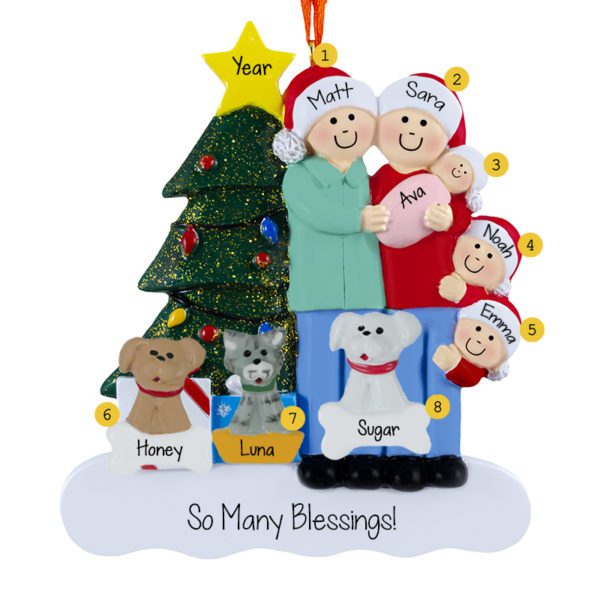 Family Of 5 With Baby GIRL And 3 Pets Glittered Tree Ornament
