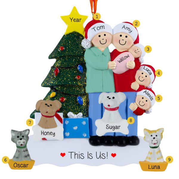 Family Of 5 With Baby GIRL And 4 Pets Glittered Tree Ornament