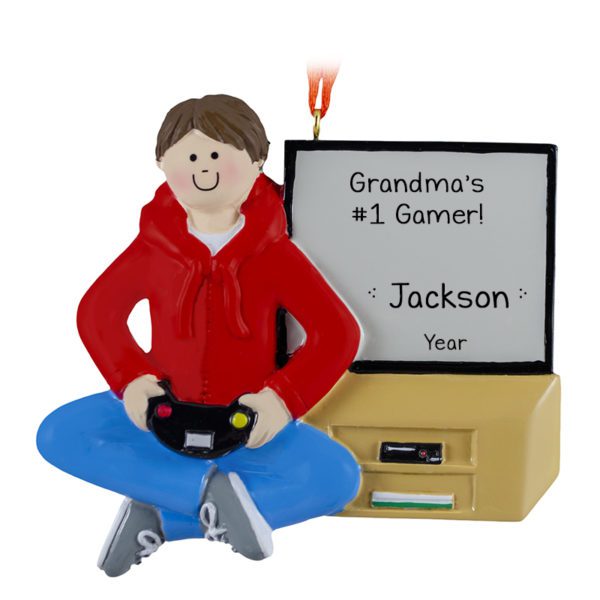 Gaming Grandson Playing Video Games Ornament RED Sweatshirt BROWN Hair