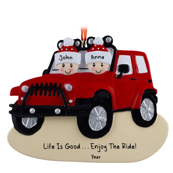 Personalized Couple In RED Jeep Driving In Dirt Ornament