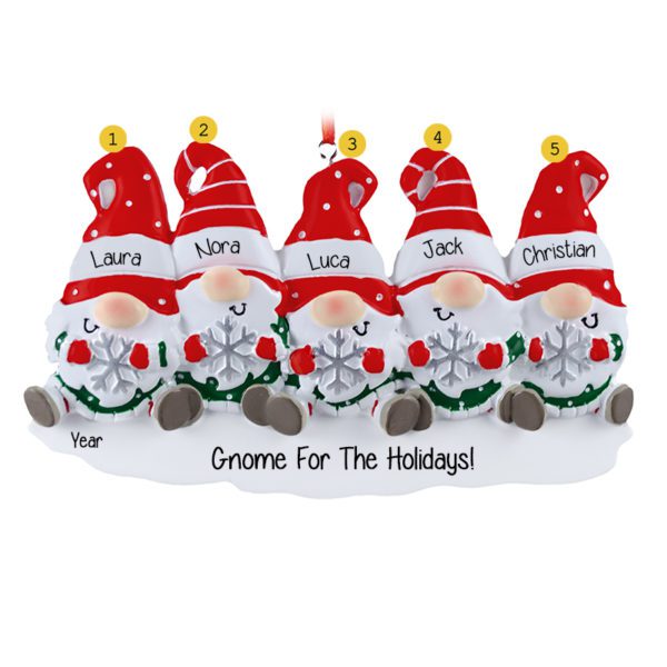Family Of 5 Festive Gnomes Holding Snowflakes Ornament