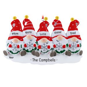 Personalized Family Of 5 Gnomes Holding Snowflakes Ornament