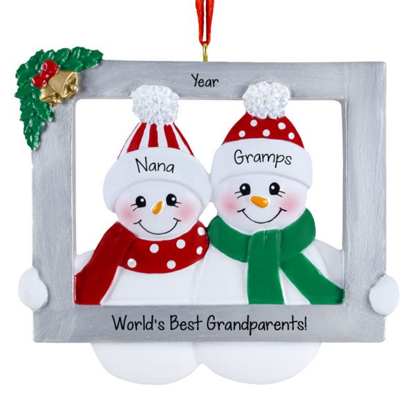 World's Best Grandparents Snowman Couple In Frame Personalized Ornament