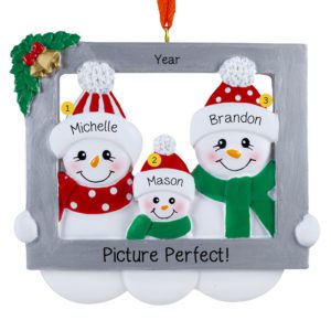 Picture Perfect Snowman Family Of Three In Frame Personalized Ornament