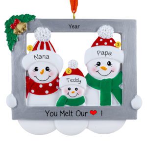 Personalized Snowmen Grandparents And 1 Grandchild In Frame Ornament