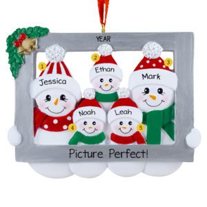 Picture Perfect Snowman Family Of Five In Frame Personalized Ornament