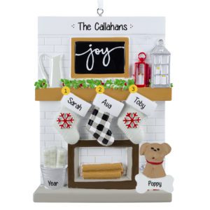 Image of Family Of Three Festive Mantle With Stockings And Pet Personalized Ornament