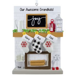 Three Grandkids Festive Mantle With Stockings Personalized Ornament