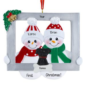 Personalized Couple's 1st Christmas Snowmen In Frame With Pet Ornament