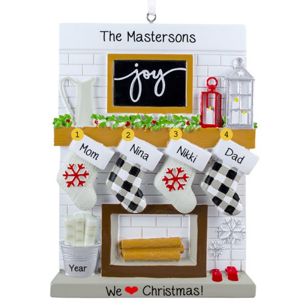 Family Of Four Festive Mantle With Stockings Personalized Ornament