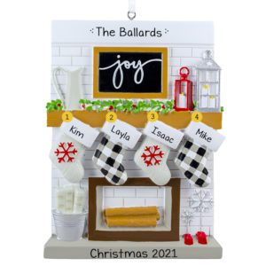Personalized Family Of Four Festive Mantle With Stockings Ornament