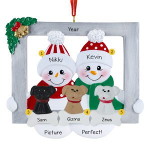 Image of Picture Perfect Snowman Couple In Frame With 3 Pets Ornament