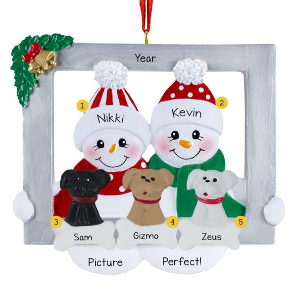 Picture Perfect Snowman Couple In Frame With 3 Pets Ornament