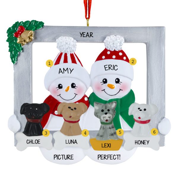 Picture Perfect Snowman Couple In Frame With 4 Pets Ornament
