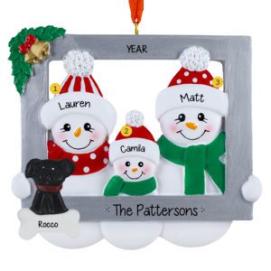 Personalized Snowman Family Of Three In Frame With Pet Ornament