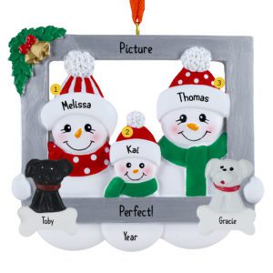 Picture Perfect Snowman Family Of Three In Frame With 2 Pets Ornament