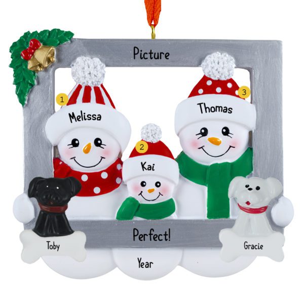 Picture Perfect Snowman Family Of Three In Frame With 2 Pets Ornament