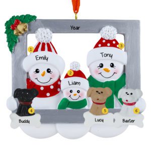 Personalized Snowman Family Of Three In Frame With 3 Pets Ornament
