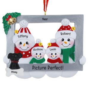 Image of Picture Perfect Snowman Family Of Four In Frame With Pet Ornament