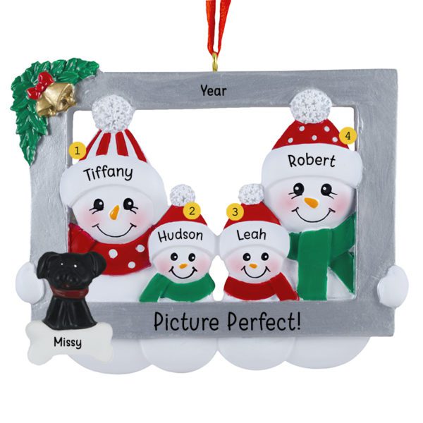 Picture Perfect Snowman Family Of Four In Frame With Pet Ornament