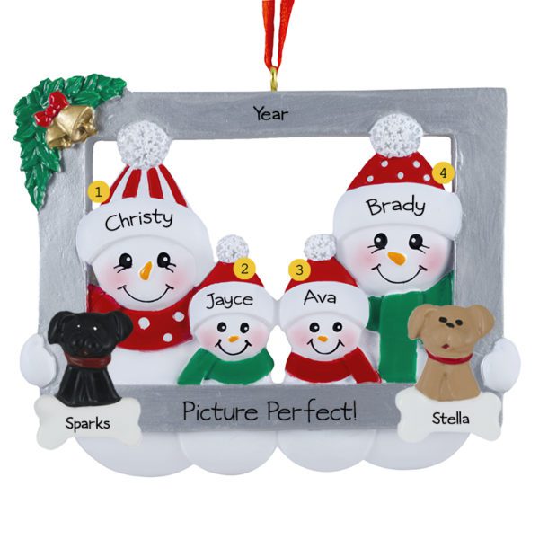 Picture Perfect Snowman Family Of Four In Frame With 2 Pets Ornament