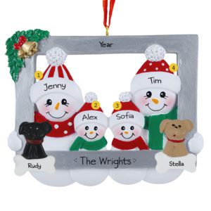 Personalized Snowman Family Of Four In Frame With 2 Pets Ornament