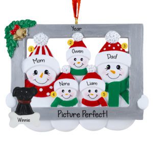 Image of Picture Perfect Snowman Family Of Five In Frame With Pet Ornament