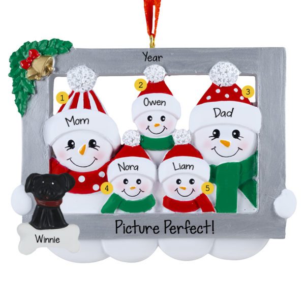 Picture Perfect Snowman Family Of Five In Frame With Pet Ornament