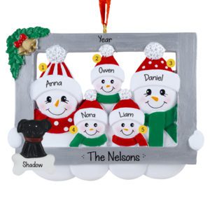Personalized Snowman Family Of Five In Frame With Pet Ornament