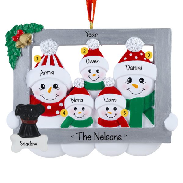Personalized Snowman Family Of Five In Frame With Pet Ornament