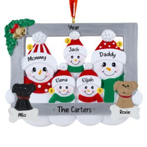 Personalized Snowman Family Of Five In Frame With 2 Pets Ornament