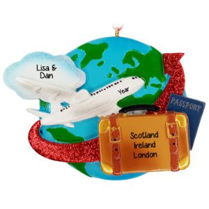 Traveling Abroad Glittered Plane and Earth Souvenir Ornament