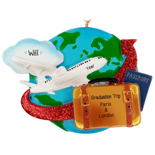 Personalized Graduation Trip Airplane And Globe Glittered Ornament