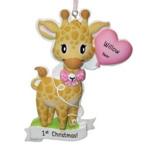 Personalized Baby GIRL'S 1st Christmas Giraffe And Heart Ornament PINK